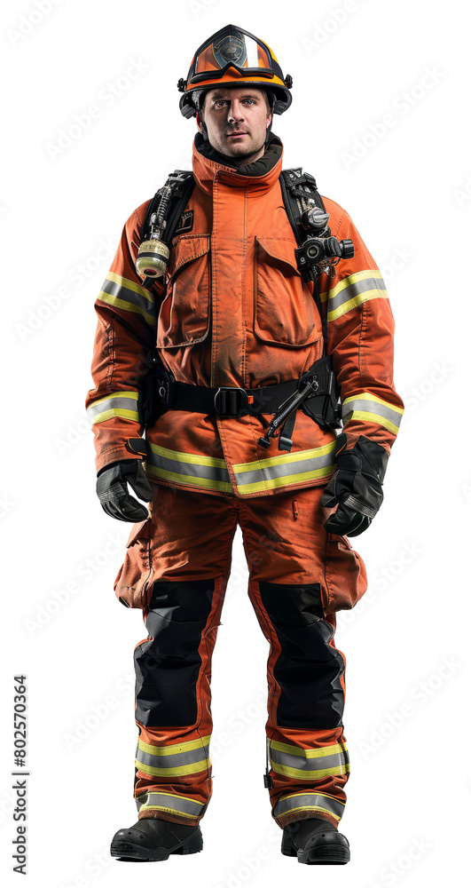 Brave firefighter in full gear standing isolated on transparent background Brave firefighter in full gear standing isolated on transparent background