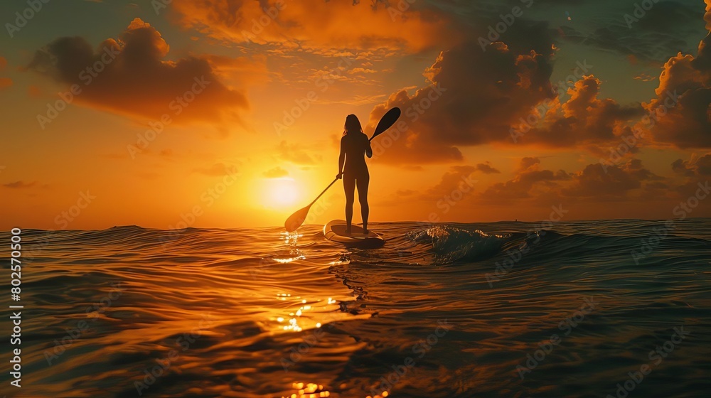 The silhouette of a woman stand up paddle boarding at sunset.