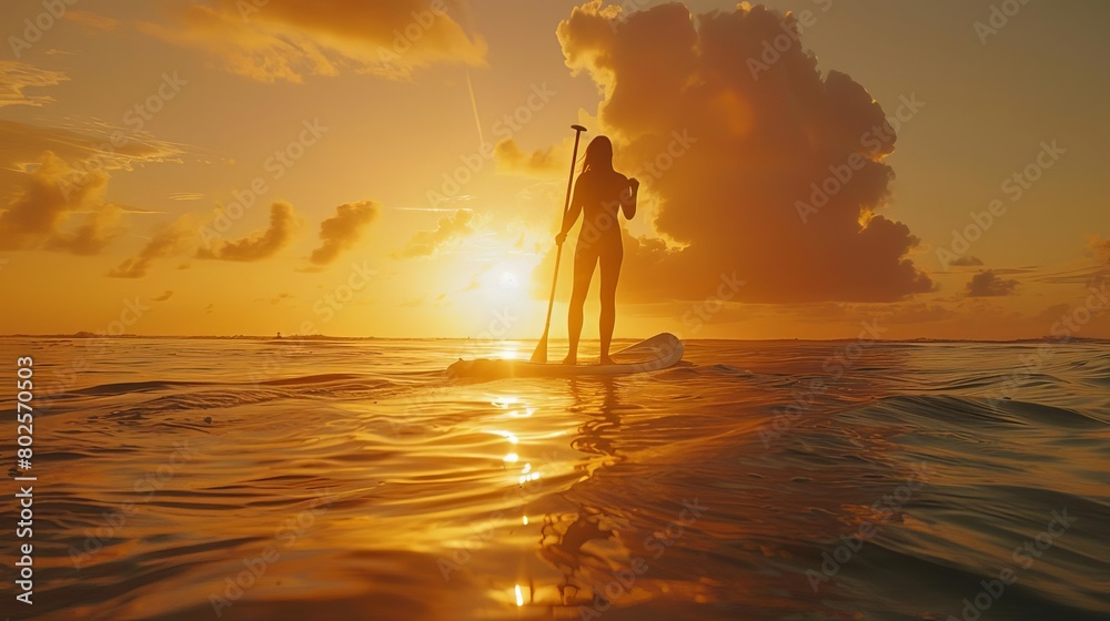 A young woman paddles a stand-up paddleboard through the calm waters of a tropical lagoon at sunset.