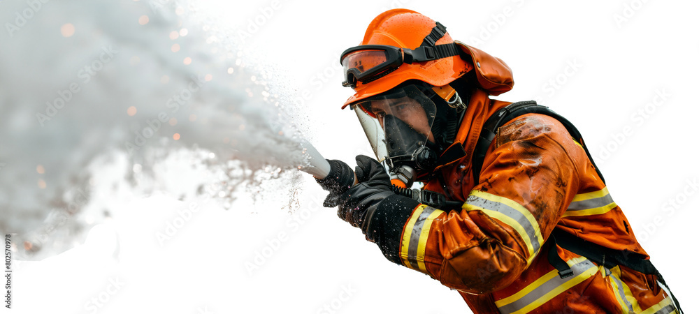 Firefighter using high-pressure hose to extinguish fire isolated on transparent background Firefighter using high-pressure hose to extinguish fire isolated on transparent background