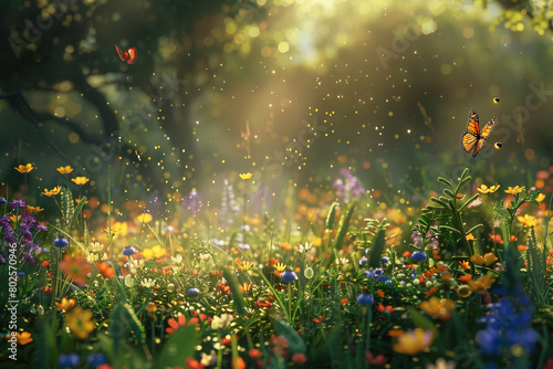 A sunlit meadow dotted with wildflowers, buzzing with bees and butterflies. photo