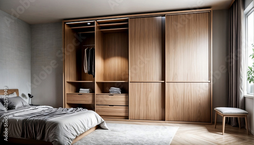 Wooden wardrobe with glass sliding doors in minimalist style interior design of modern bedroom created with generative ai 