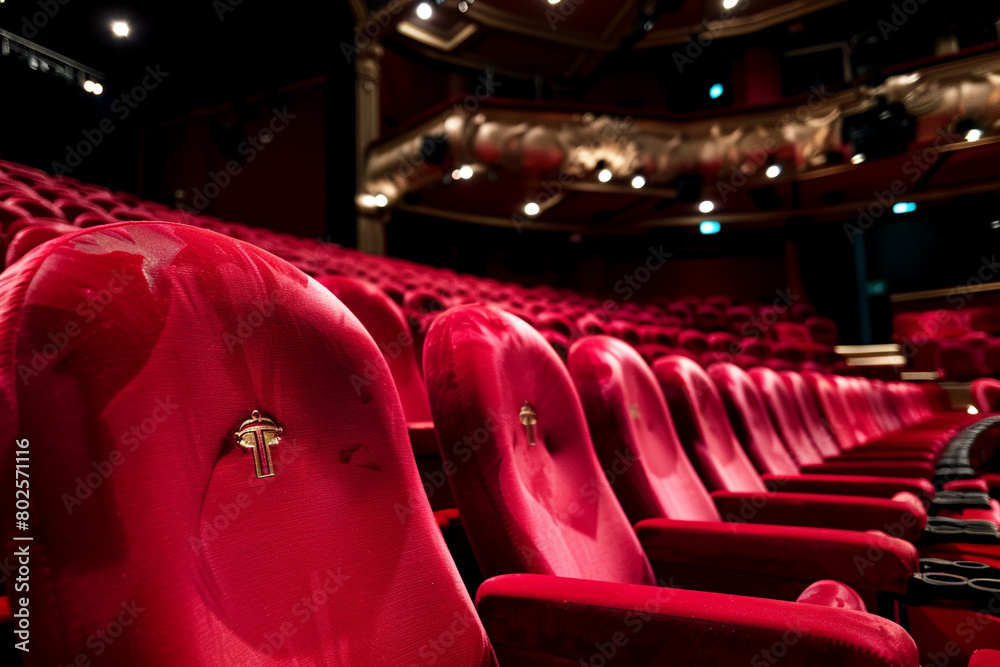A row of red theater seats in a dimly lit auditorium.