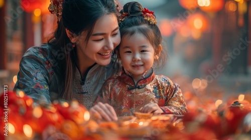 Mother and Daughter Enjoying Traditional Chinese Festival in Colorful Attire