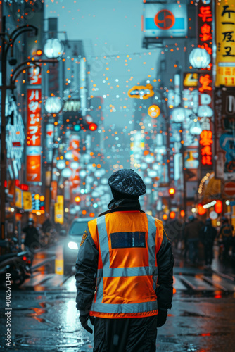 man in an orange vest is exploring the city streets as he walks with purpose and determination. © Vitalii But