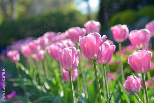 A row of pink tulips in full bloom  bending gracefully in the wind.