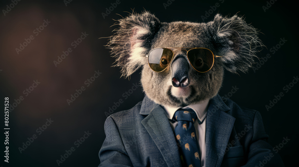 Cool looking koala bear wearing sunglasses, suit and tie isolated on dark background. Copy space for text on the side.