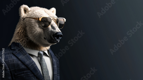 Cool looking polar bear wearing sunglasses, suit and tie isolated on dark background. Copy space for text on the side. © Tepsarit