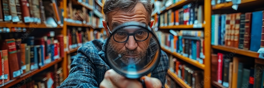 man in a library examines a book through a magnifying glass, searching for clues in a mysterious case. man in a library examines a book through a magnifying glass, searching for clues in a mysterious case.