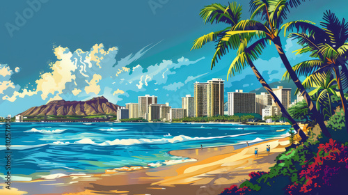 Beautiful scenic view of Waikiki beach, Hawaii, USA. colorful comic style illustration. © Tepsarit