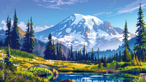 Beautiful scenic view of Mount Rainier National Park, Washington, USA. colorful comic style illustration.