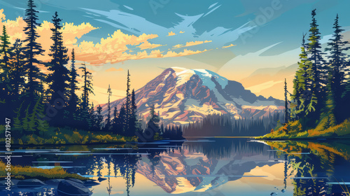 Beautiful scenic view of Mount Rainier National Park, Washington, USA. colorful comic style illustration.