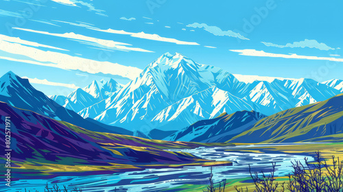 Beautiful scenic view of Denali National Park and Preserve, Alaska, USA. colorful comic style illustration. photo
