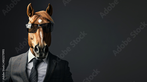 Cool looking horse wearing sunglasses, suit and tie isolated on dark background. Copy space for text on the side. © Tepsarit