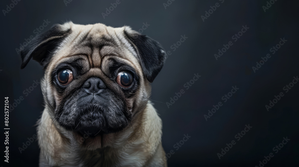 Sad pug dog looking at camera isolated on dark background. Copy space for text on the side.