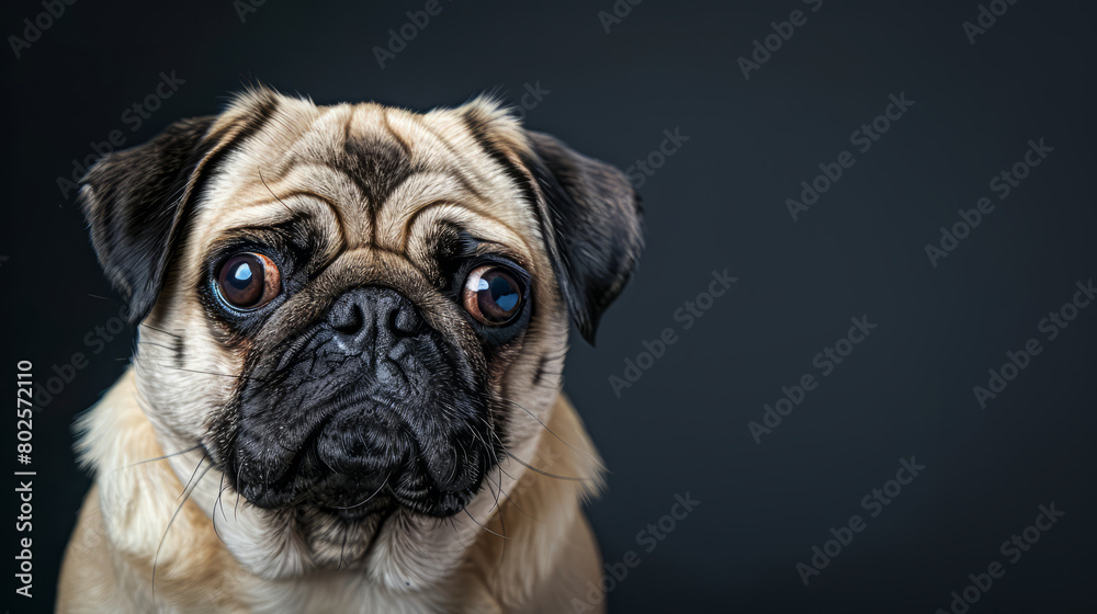 Sad pug dog looking at camera isolated on dark background. Copy space for text on the side.