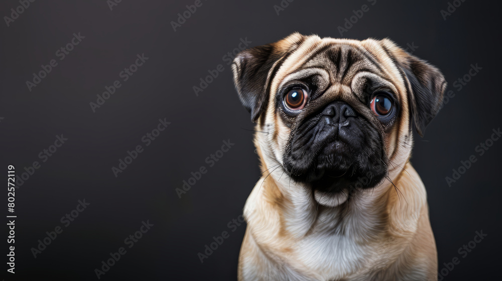 Sad pug dog looking at camera isolated on dark background. Copy space for text on the side.