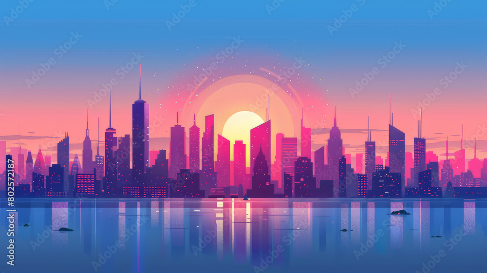 Beautiful cityscape skyline of big city during sunrise or sunset in minimal colorful flat vector art style illustration.