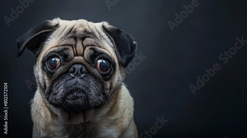 Sad pug dog looking at camera isolated on dark background. Copy space for text on the side.