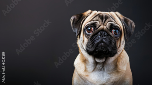 Sad pug dog looking at camera isolated on dark background. Copy space for text on the side. © Tepsarit