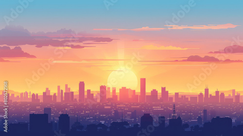 Beautiful cityscape skyline of big city during sunrise or sunset in minimal colorful flat vector art style illustration. © Tepsarit