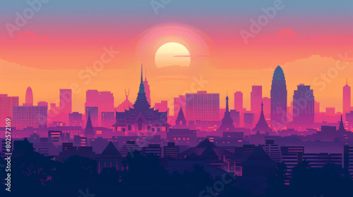 Beautiful cityscape skyline of big city during sunrise or sunset in minimal colorful flat vector art style illustration.