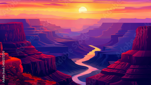 Grand canyon national park during sunrise or sunset in minimal colorful flat vector art style illustration.