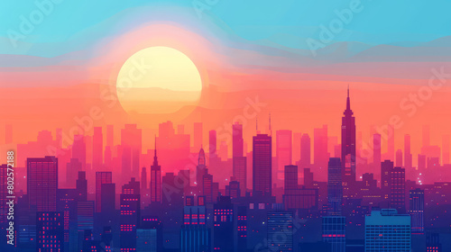 Beautiful cityscape skyline of big city during sunrise or sunset in minimal colorful flat vector art style illustration.