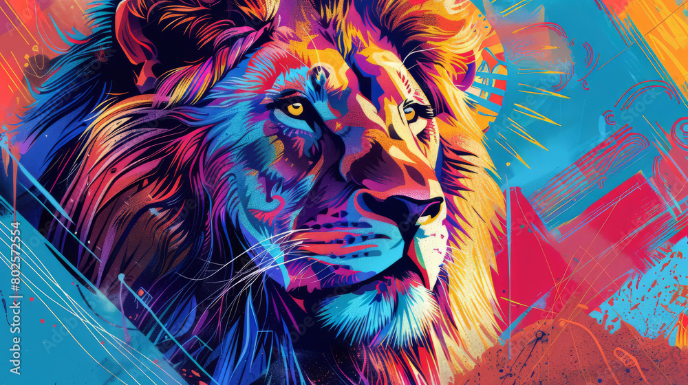 Portrait of lion in colorful pop art comic style painting illustration.