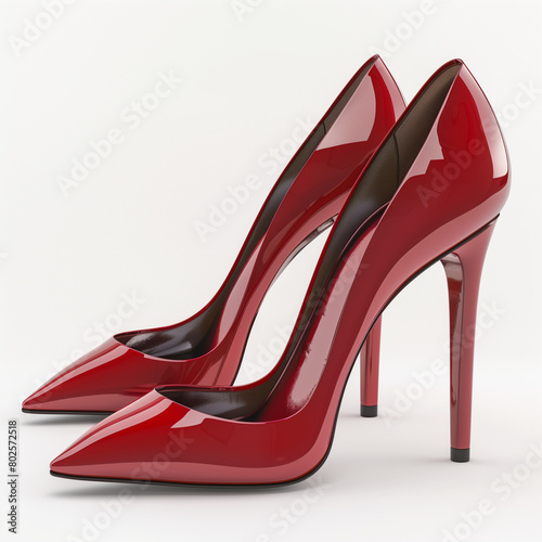A side view of a pair of red high heels resting on a white surface.