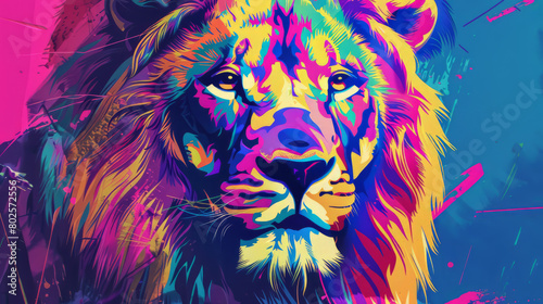 Portrait of lion in colorful pop art comic style painting illustration.
