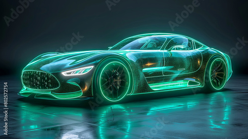 Futuristic Green Neon Sports Car on Dark Background in Photorealistic CGI