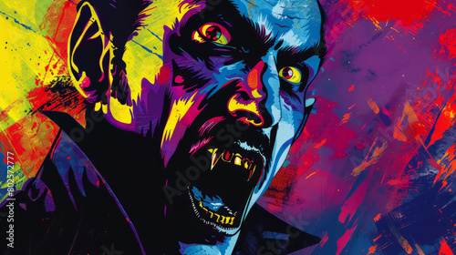 Portrait of vampire in colorful pop art comic style painting illustration. Halloween theme concept.