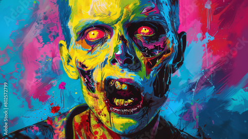 Portrait of zombie in colorful pop art comic style painting illustration. Halloween theme concept.