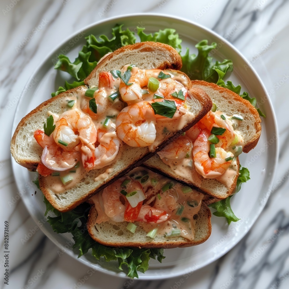 a fully assembled creamy shrimp sandwich on a plain white ceramic plate