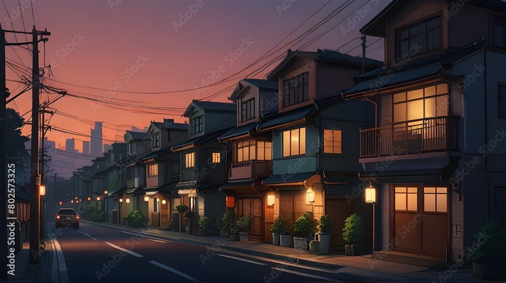 Beautiful Japanese Tokyo City Town with Anime Cartoonish Artstyle - Cozy Lofi Asian Architecture for Illustration, Digital Art, and Urban Landscape