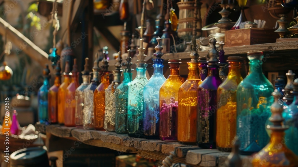 Amidst a crowded marketplace a traveling merchant sets up a stall displaying an array of colorful bottles labeled with enchanting . . Amidst a crowded marketplace a traveling merchant sets up a stall displaying an array of colorful bottles labeled with enchanting . .