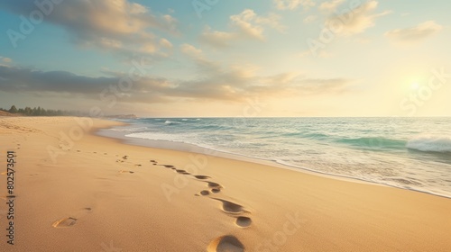 Serene beach scene with footprints in the sand © Balaraw