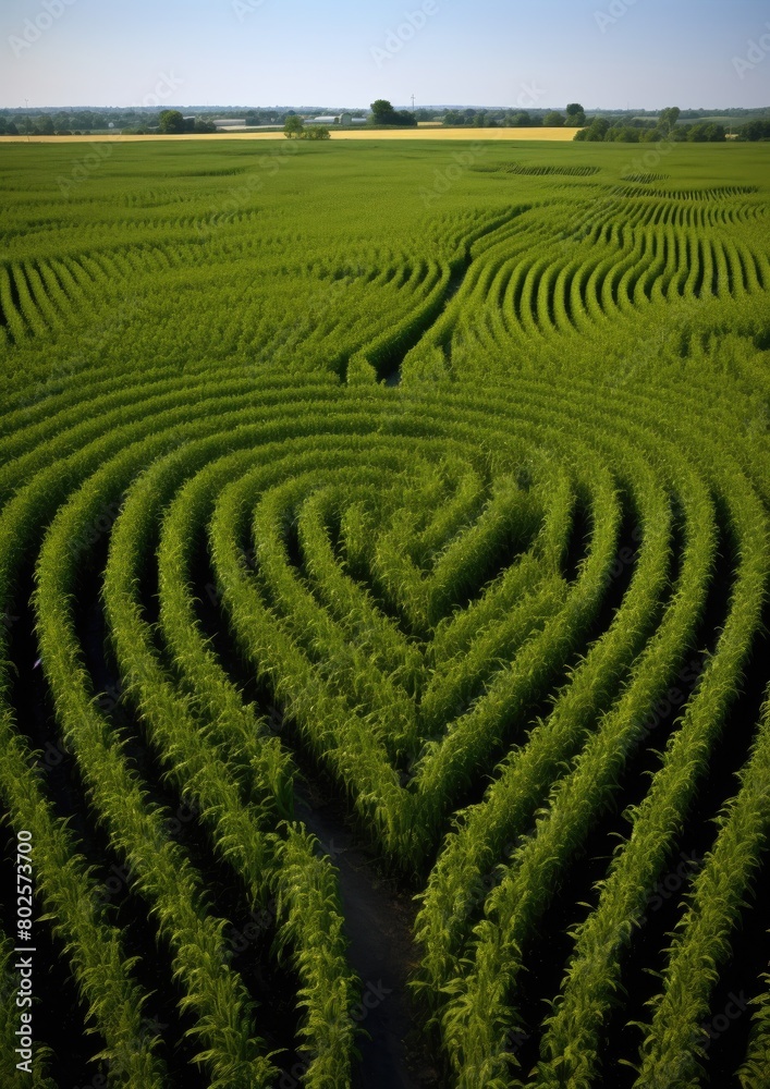 Lush green crop field with intricate patterns