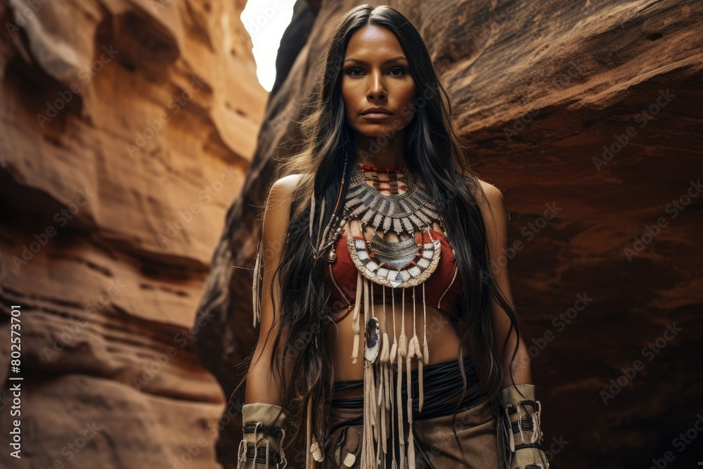 Powerful indigenous woman in traditional dress