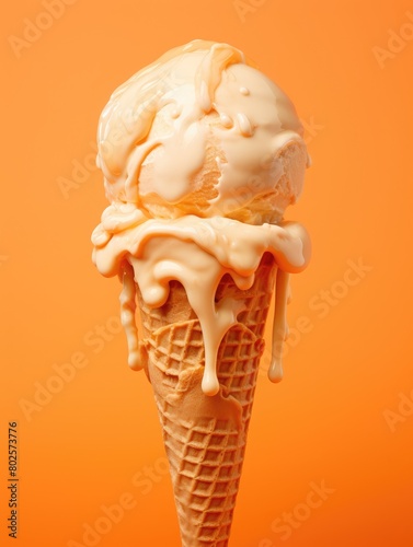 Delicious ice cream cone on orange background