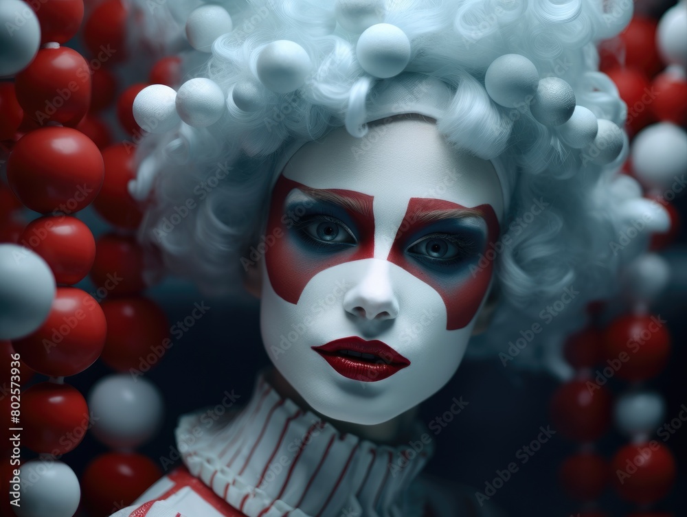Dramatic portrait of a clown with striking makeup and costume