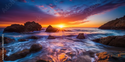 Breathtaking sunset over rocky coastline