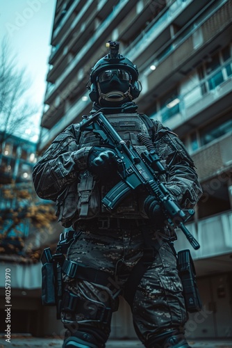 strong and stoic police officer in full military gear stands guard in front of a fortified building.