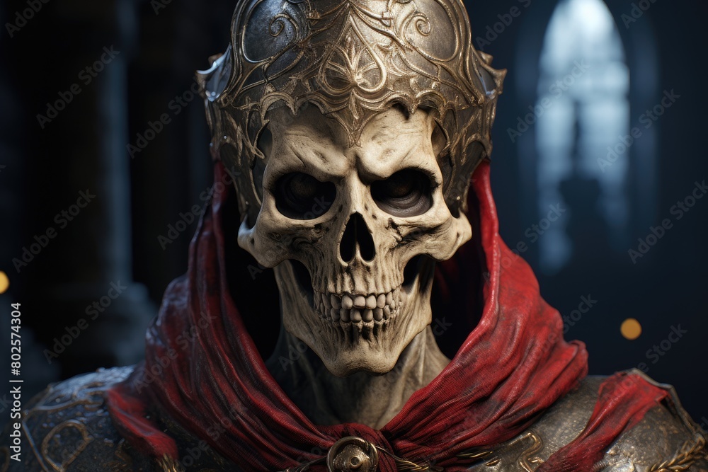 Menacing skull figure with ornate crown and red cloak Menacing skull figure with ornate crown and red cloak