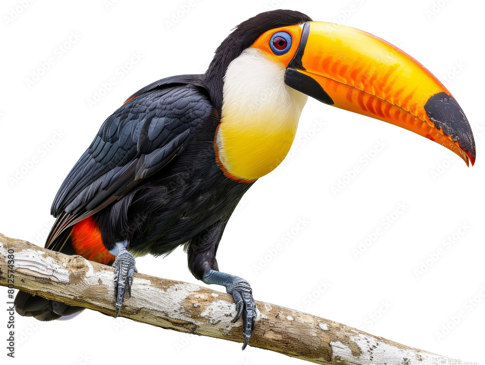 Obraz premium Colorful toucan sitting on a branch isolated on transparent background