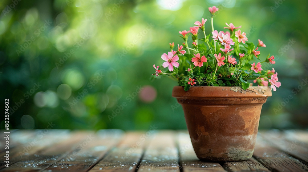Pink Flowers in a Classic Terracotta Pot on a Wooden Table with Natural Backdrop