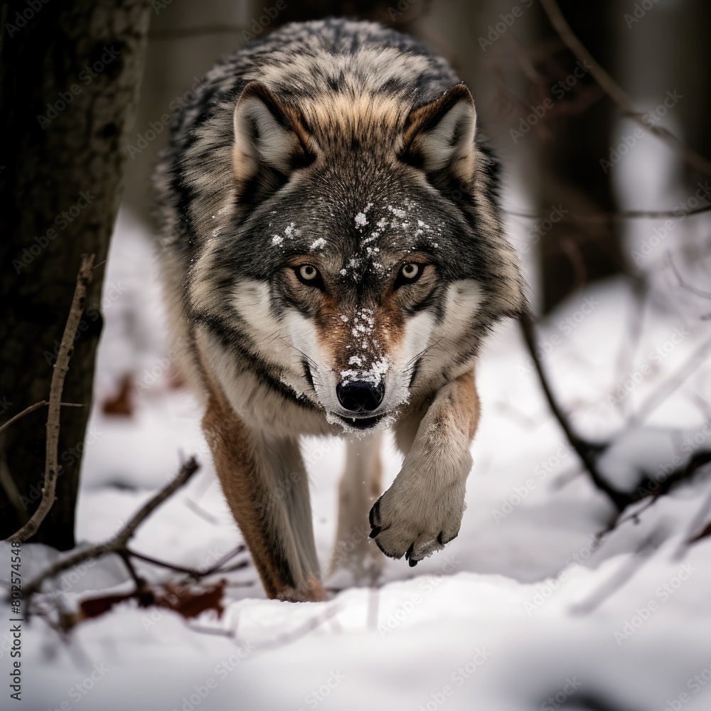 Fierce wolf in snowy forest