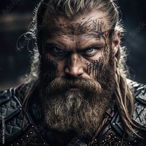 Fierce warrior with face paint and beard
