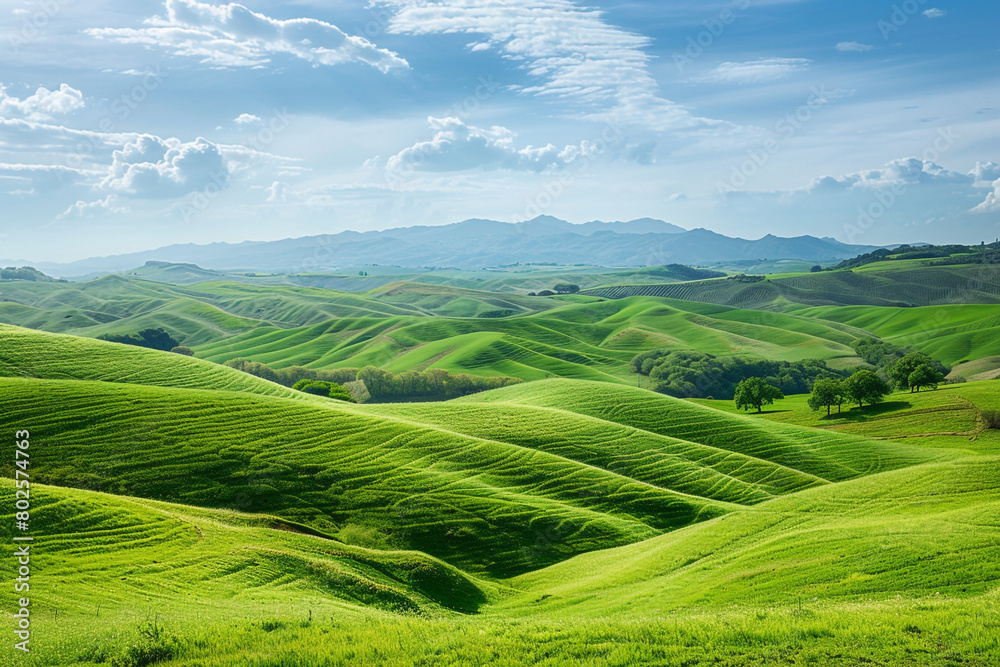 A rolling landscape of green hills stretching into the distance.